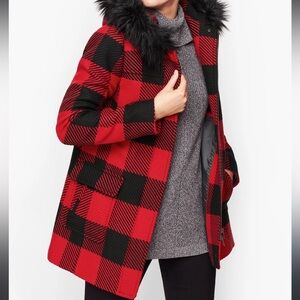 Talbots Faux Fur Trim Wool Blend in Buffalo Check Coat Sz 2